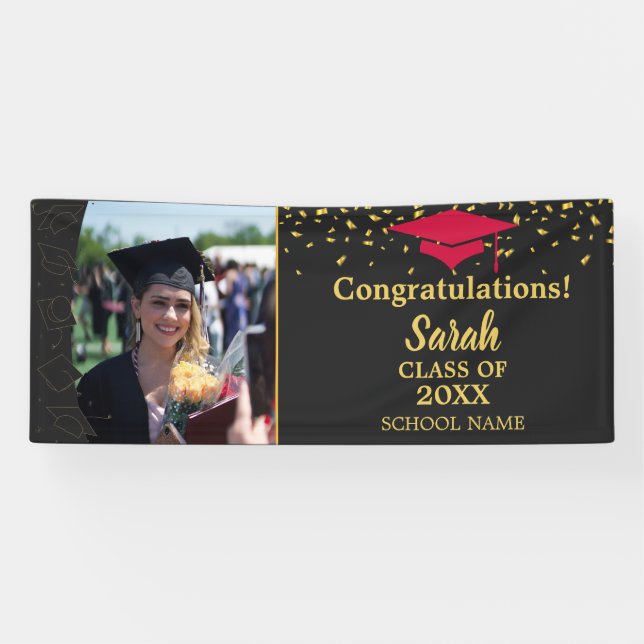 Black & Red Graduation Custom Photo Class Of 2025 Banner (Horizontal)