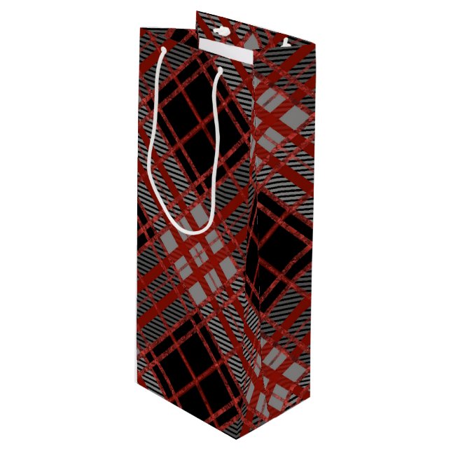 BLACK RED GRAY HALLOWEEN PLAID PATTERN WINE GIFT BAG (Front Angled)