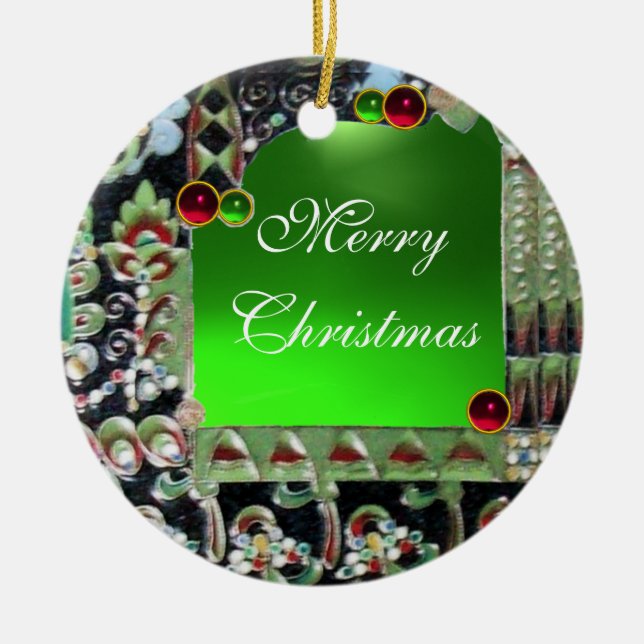 BLACK RED GREEN ART NOUVEAU GEMSTONE MONOGRAM CERAMIC ORNAMENT (Front)