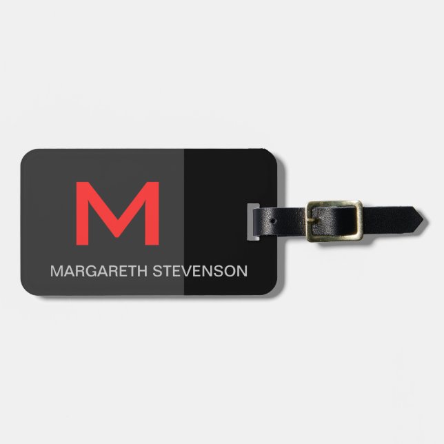 Black Red Grey Script Customize Name Luggage Tag (Front Horizontal)