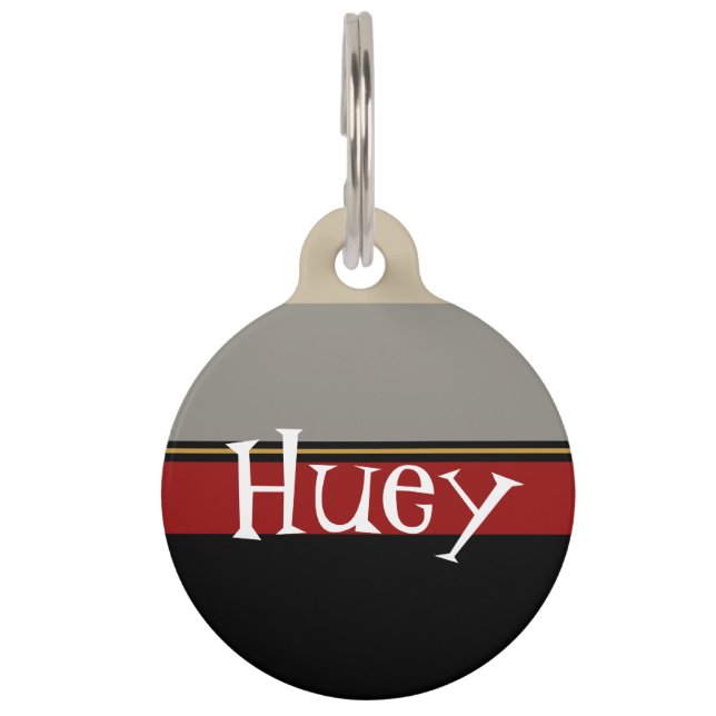 Black, red, grey, tan tag (Front)