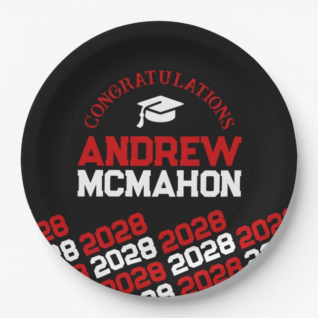 Black & Red Half Repeat Grad Personalized Paper Plate (Front)