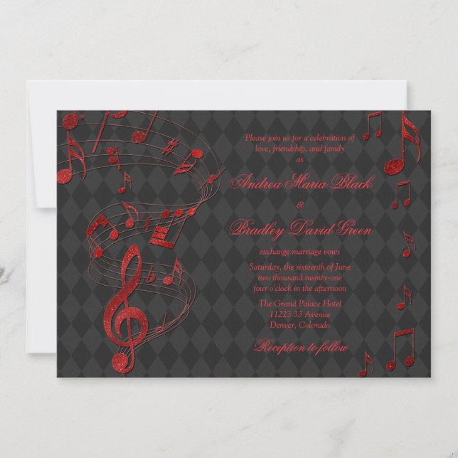 Black Red Harlequin Music Notes Wedding Invitation (Front)