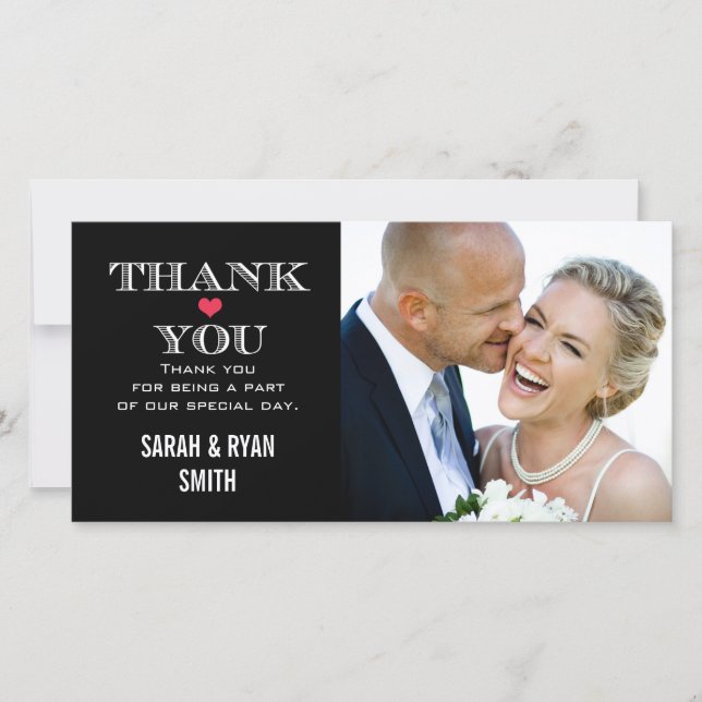 Black Red Heart Wedding Photo Thank You Cards (Front)