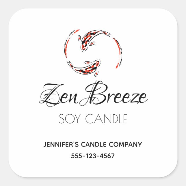Black & Red Japanese Koi Fish Artistic Candle Square Sticker (Front)