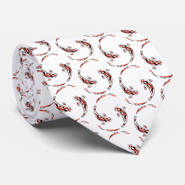 Black & Red Japanese Koi Fish Artistic Pattern Tie (Rolled)