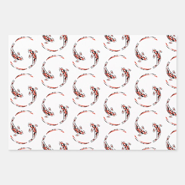 Black & Red Japanese Koi Fish Artistic Pattern Wrapping Paper Sheet (Front)