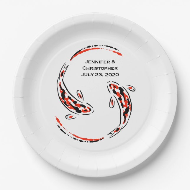 Black & Red Japanese Koi Fish Artistic Wedding Paper Plate (Front)
