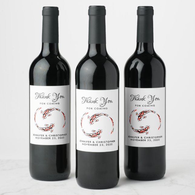 Black & Red Japanese Koi Fish Artistic Wedding Wine Label (Bottles)