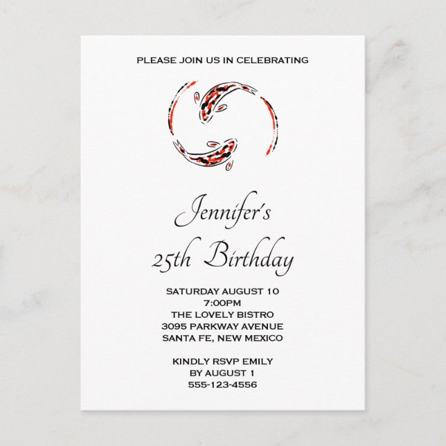 Black & Red Japanese Koi Fish Pair Birthday Invitation Postcard (Front)