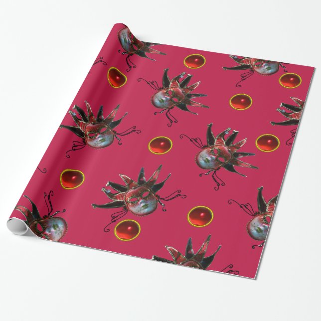 BLACK RED JESTER MASK Carnival Masquerade Party Wrapping Paper (Unrolled)