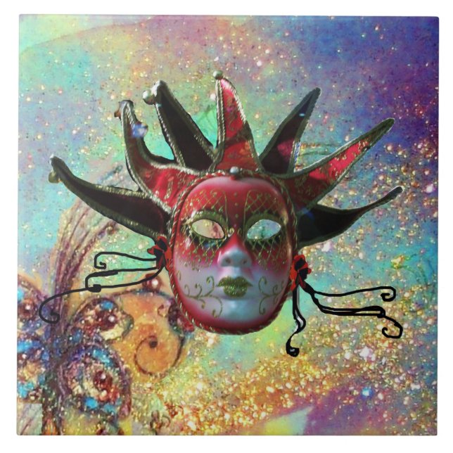 BLACK RED JESTER MASK Masquerade Green Blue  Tile (Front)