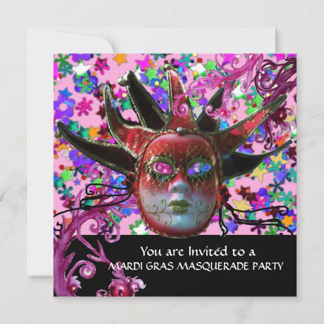 BLACK  RED JESTER MASK ,Masquerade Party ,Black Invitation (Front)