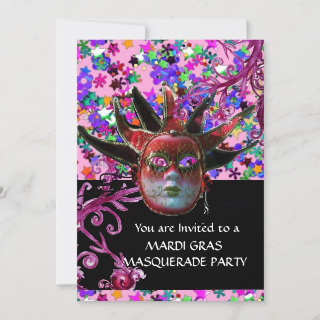 BLACK  RED JESTER MASK ,Masquerade Party ,Black Invitation (Front)