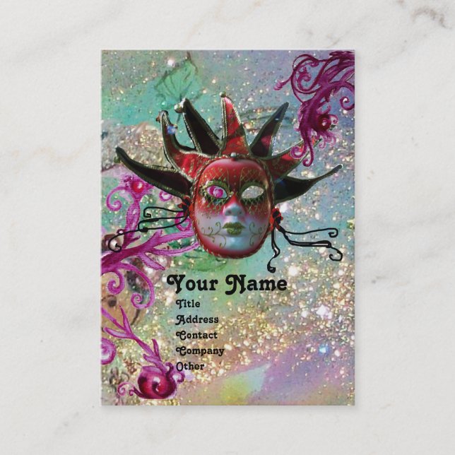 BLACK RED JESTER MASK Masquerade Party Blue Green Business Card (Front)
