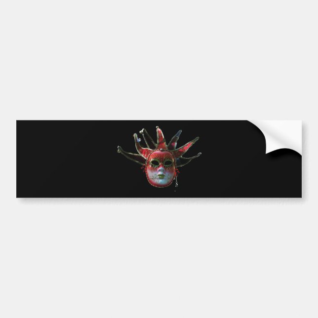 BLACK  RED JESTER MASK ,Masquerade Party Bumper Sticker (Front)