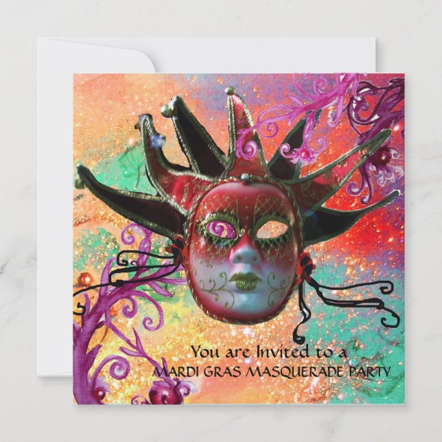 BLACK  RED JESTER MASK ,Masquerade Party Gold Invitation (Front)
