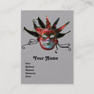 BLACK RED JESTER MASK ,Masquerade Party Grey Business Card