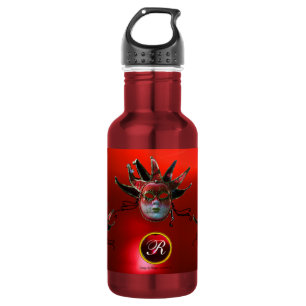 BLACK RED JESTER MASK ,Masquerade Party Monogram 532 Ml Water Bottle
