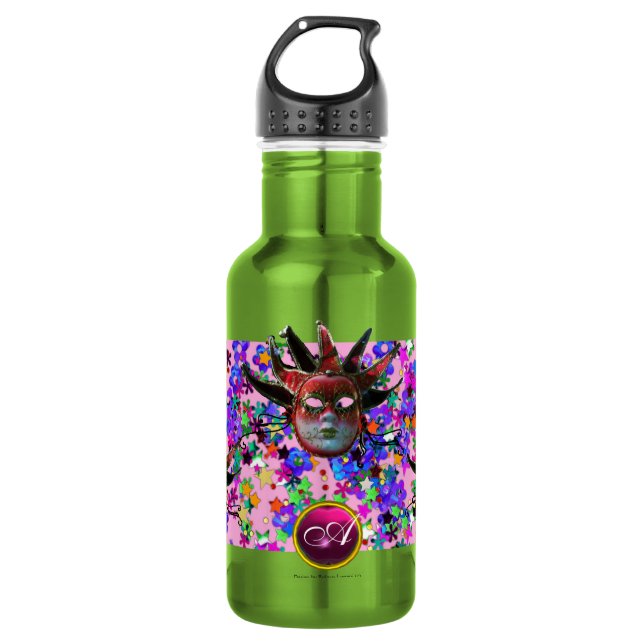 BLACK  RED JESTER MASK ,Masquerade Party Monogram 532 Ml Water Bottle (Front)