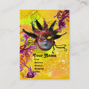 BLACK  RED JESTER MASK Masquerade Party Yellow Business Card
