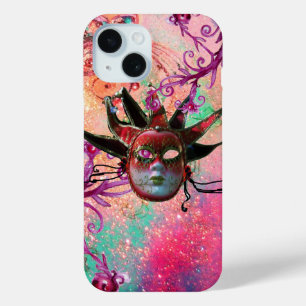 BLACK RED JESTER MASK Masquerade Pink Green iPhone 15 Case