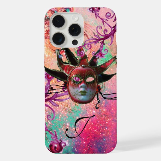 BLACK RED JESTER MASK Masquerade Pink Monogram iPhone Case (Back)