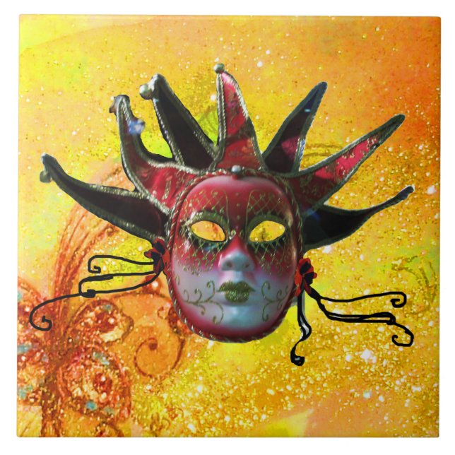 BLACK RED JESTER MASK Masquerade Yellow Brown Tile (Front)