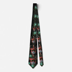 BLACK RED JESTER MASK WITH  PEACOCK FEATHERS TIE