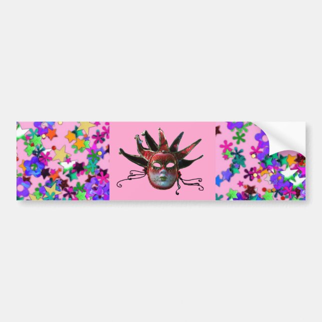 BLACK RED JESTER MASQUERADE MASK,COLORFUL CONFETTI BUMPER STICKER (Front)