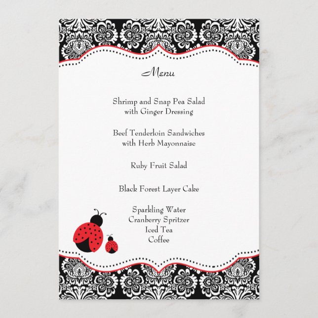 Black Red Ladybug Damask Baby Shower Menu (Front)