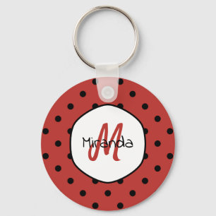 Black Red Ladybug Polka Dots Name and Monogram Keychain