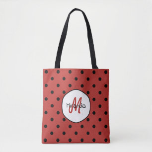 Black Red Ladybug Polka Dots Name and Monogram Tote Bag