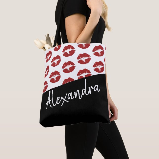 Black Red Lips Kiss Pattern Modern Personalized Tote Bag (Close Up)
