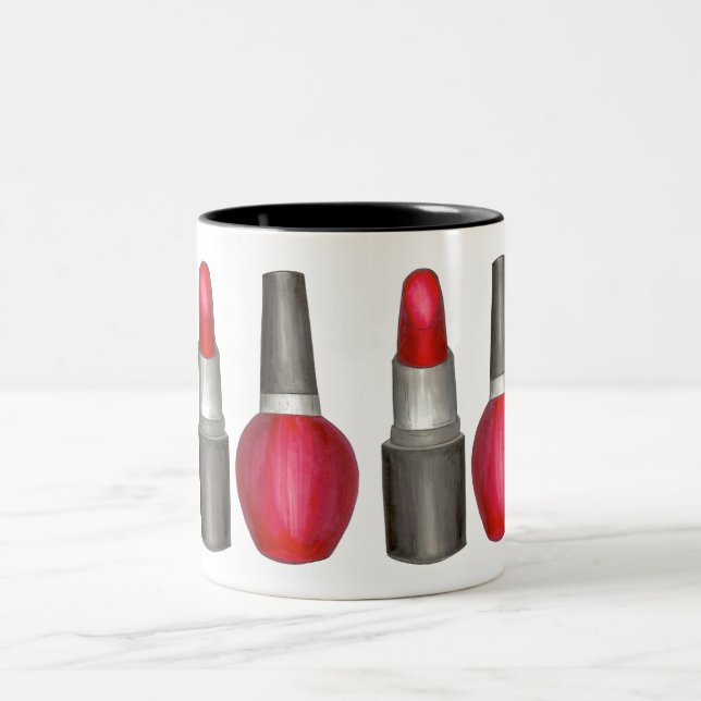 Black Red Lipstick Nail Polish Makeup Beauty Mug (Center)