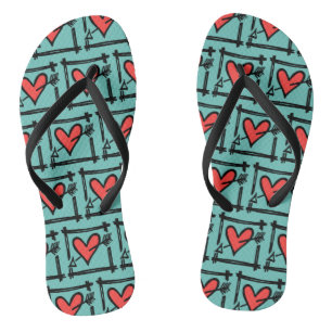 Black & Red Love Heart Flip Flops 