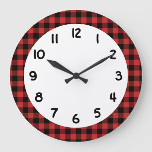 Black Red Lumberjack Buffalo Plaid Large Clock