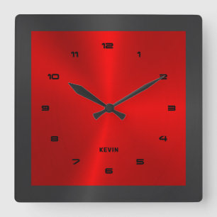 Black & Red & Metallic Stainless Steel Square W Wall Clock