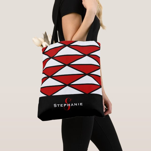 Black & Red Modern Custom Chic Geometric Pattern Tote Bag (Close Up)