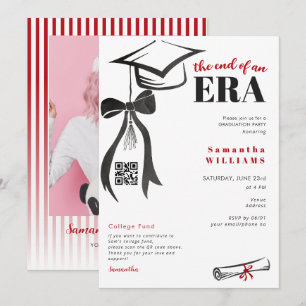 Black Red Modern Preppy Bow Stripes Grad Photo Invitation