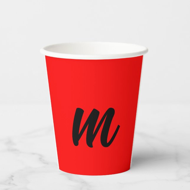 Black Red Monogram Initial Letter Modern Plain Paper Cups (Front)