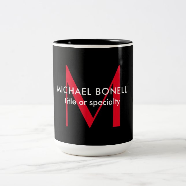 Black Red Monogram Modern Minimalist Name Initial Two-Tone Coffee Mug (Center)