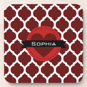 Black Red Moroccan Lattice Pattern Coaster