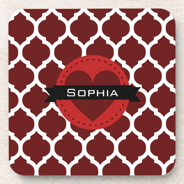 Black Red Moroccan Lattice Pattern Coaster (Front)