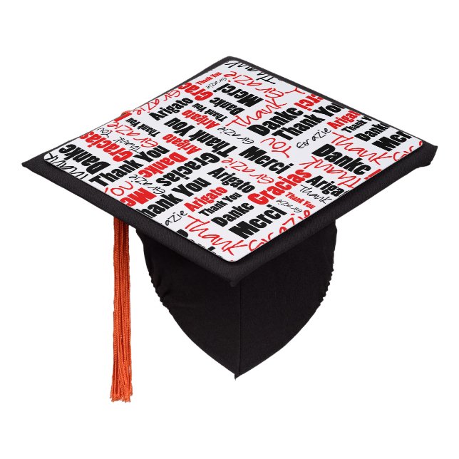 Black Red Multilingual Thank You Typography Graduation Cap Topper (Angled)