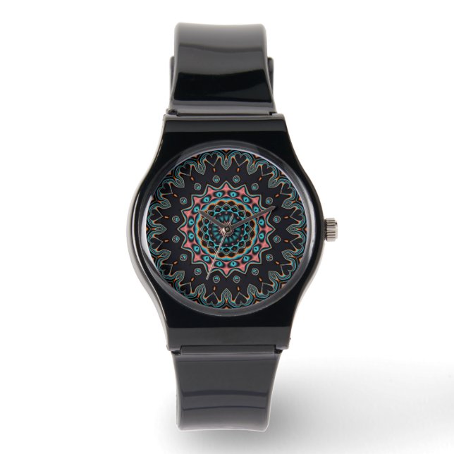 Black Red Orange Blue Boho Mandala Watch (Front)