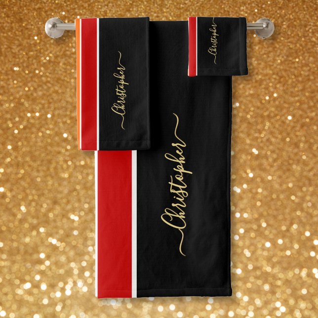Black Red Orange Racing Stripes Faux Gold Monogram Bath Towel Set (Black Red Orange Racing Stripes Faux Gold Monogram Bath Towel Set)