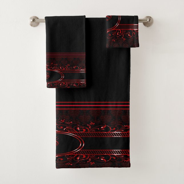 Black & Red Ornate Gothic Monogrammed Bath Towel Set (Insitu)