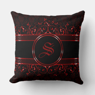 Black & Red Ornate Gothic Monogrammed Throw Pillow