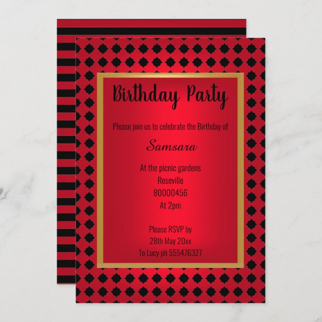 BLACK RED  PATTERN HEXAGON STRIPE ALL OCCASION INVITATION (Front/Back)